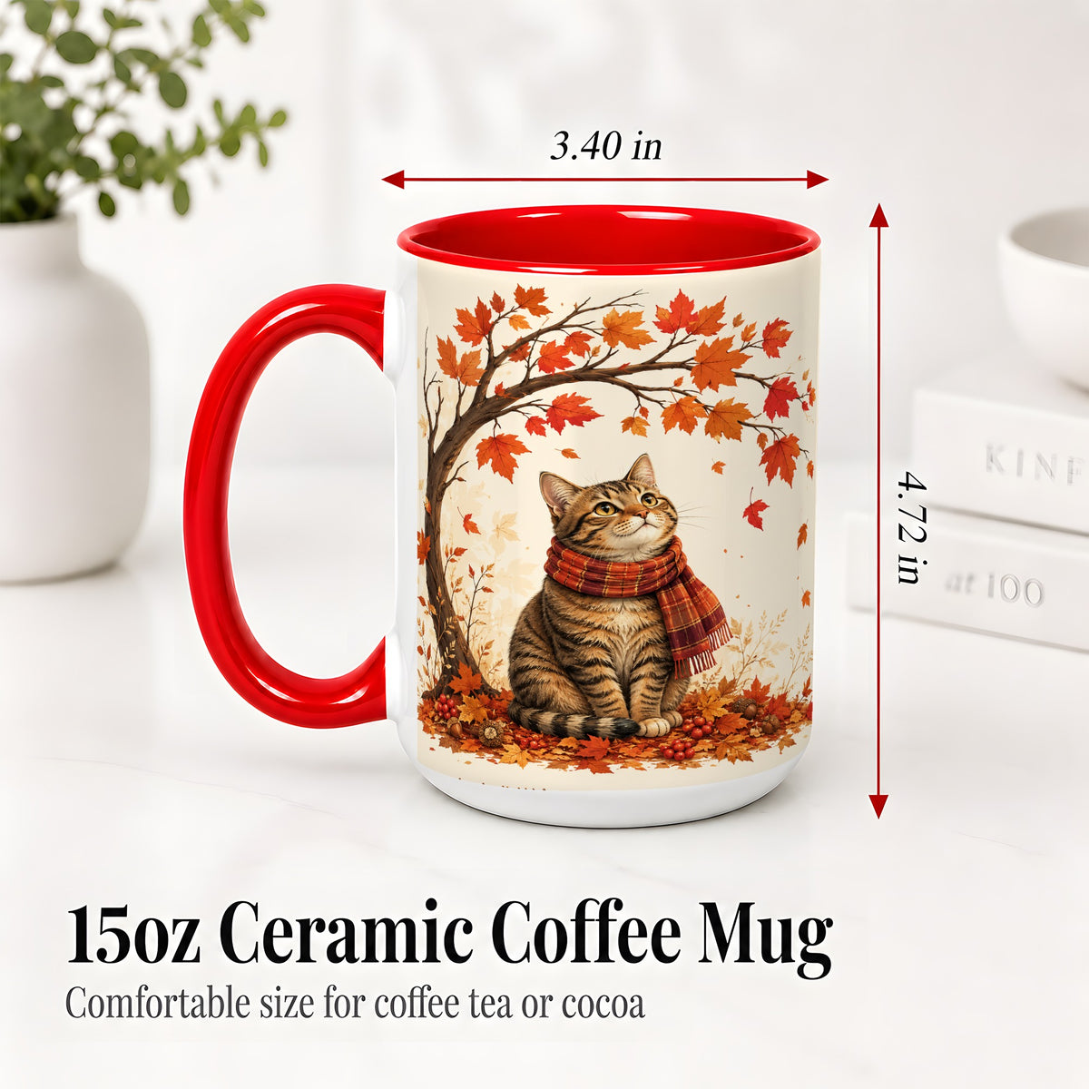 #pl[15oz|Red] Autumn Cat Accent Mug, Mug with Scarf and Maple Leaves Artwork