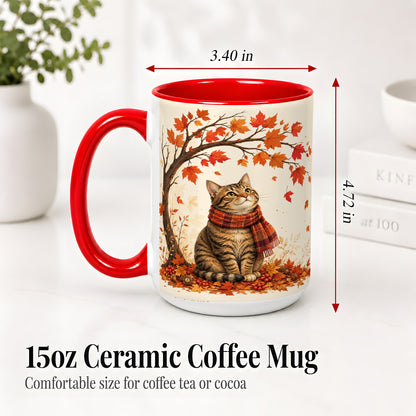 #pl[15oz|Red] Autumn Cat Accent Mug, Mug with Scarf and Maple Leaves Artwork