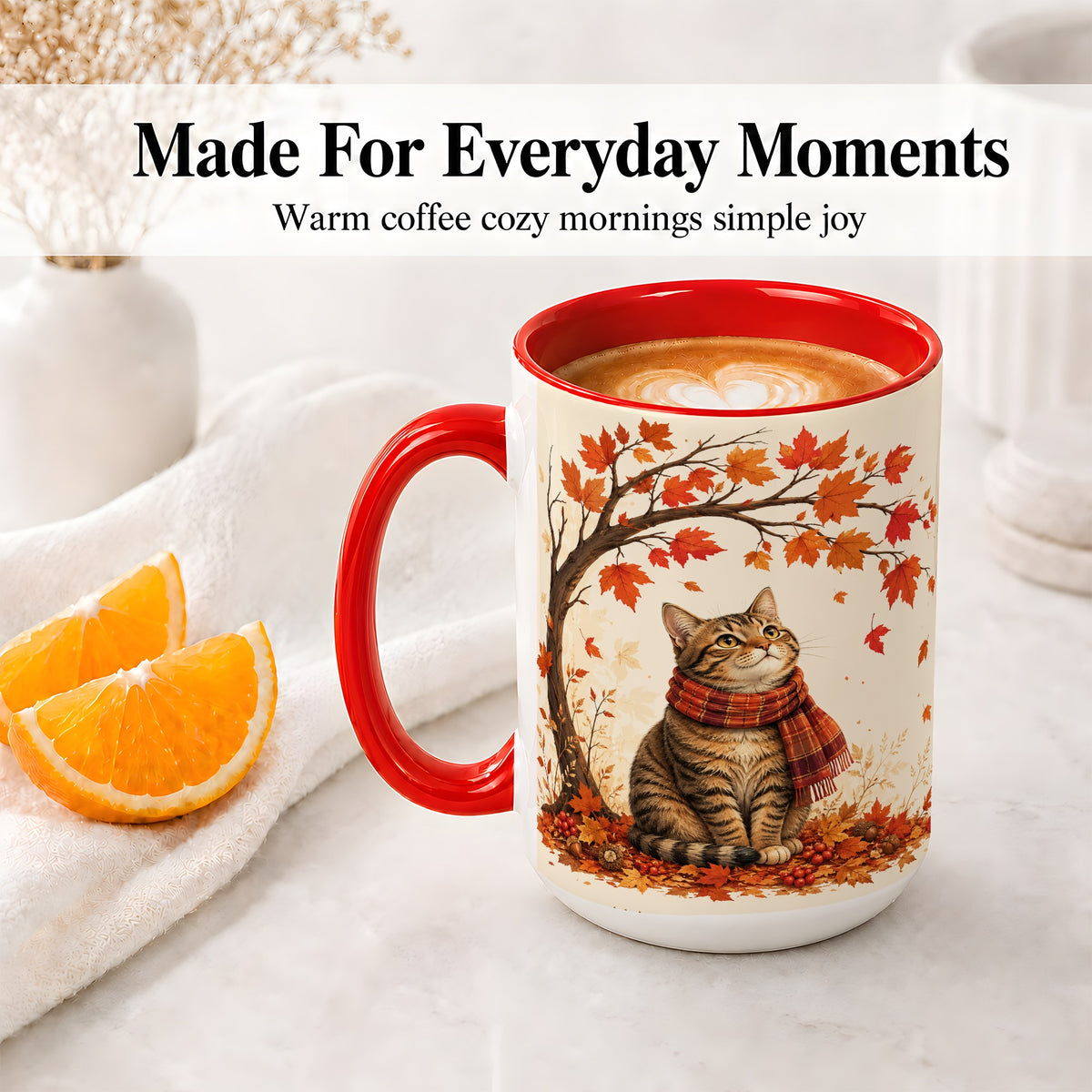 #pl[15oz|Red] Autumn Cat Accent Mug, Mug with Scarf and Maple Leaves Artwork