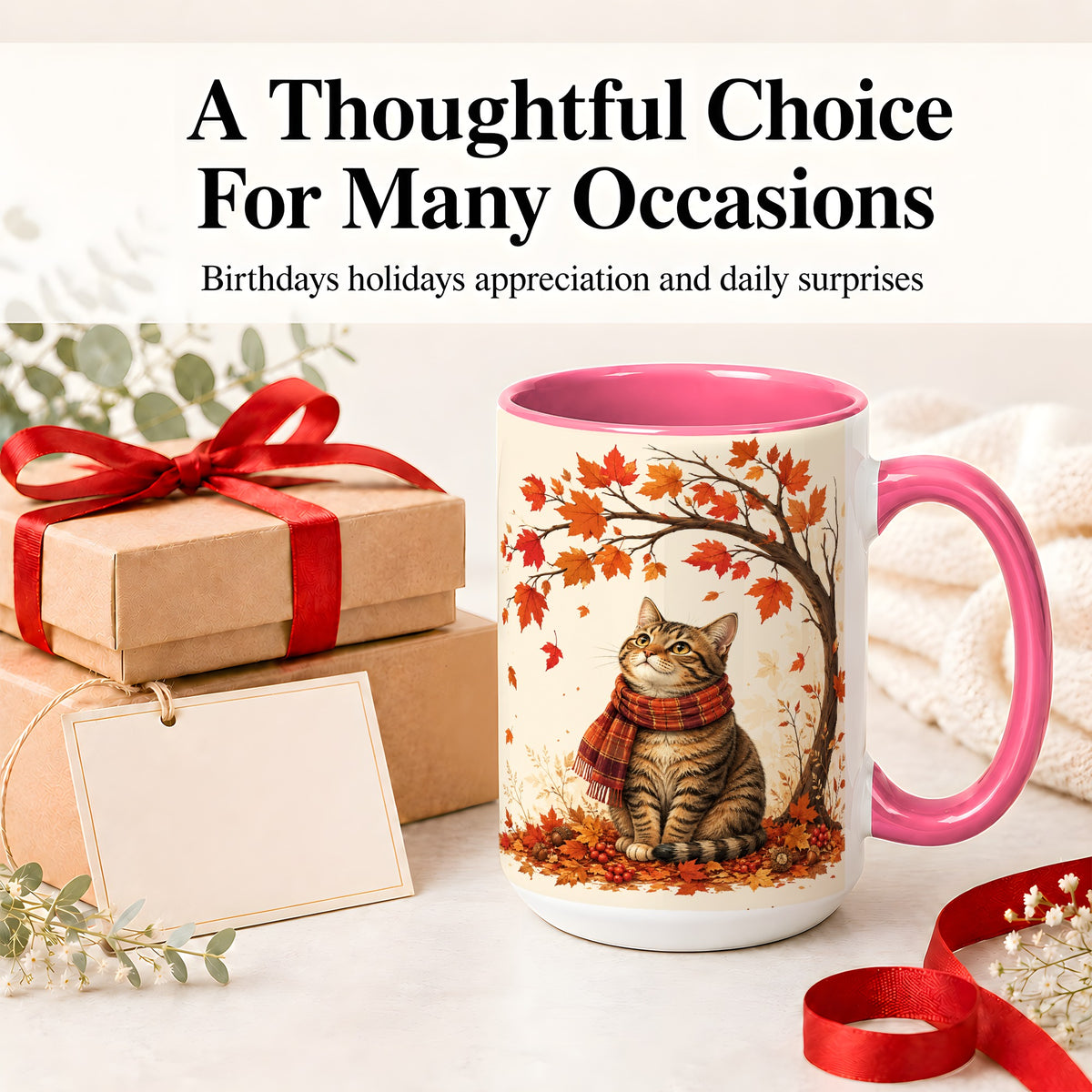 #pl[15oz|Pink] Autumn Cat Accent Mug, Mug with Scarf and Maple Leaves Artwork