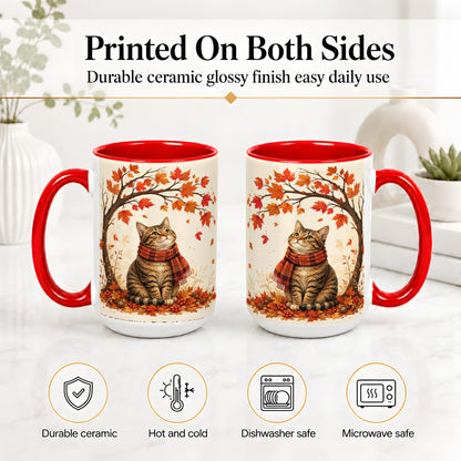 #pl[15oz|Red] Autumn Cat Accent Mug, Mug with Scarf and Maple Leaves Artwork