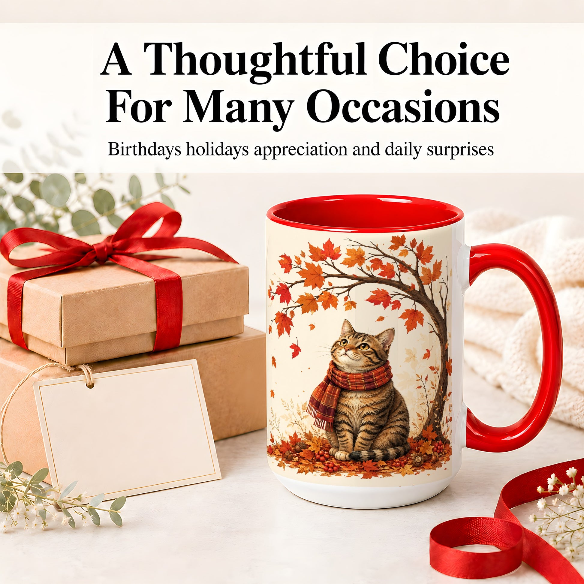 #pl[15oz|Red] Autumn Cat Accent Mug, Mug with Scarf and Maple Leaves Artwork
