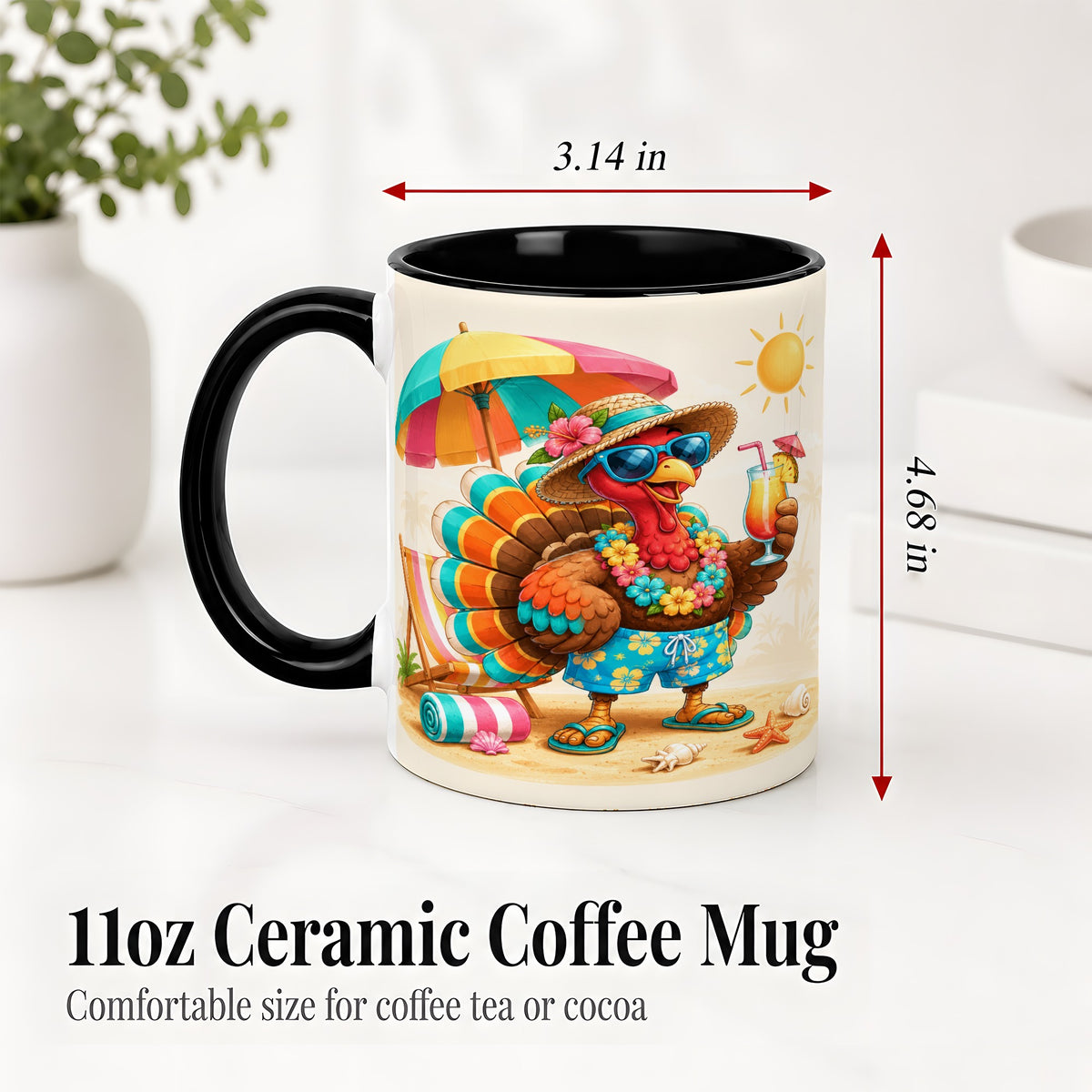 #pl[11oz|Black] Tropical Turkey Accent Mug, Mug with Colorful Beach Vacation Art