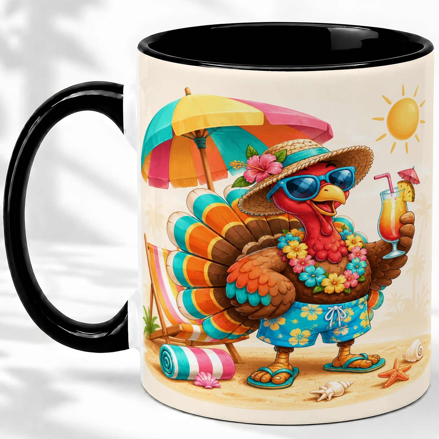 #pl[11oz|Black] Tropical Turkey Accent Mug, Mug with Colorful Beach Vacation Art