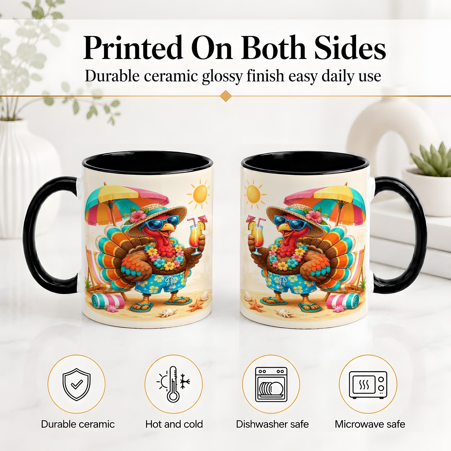 #pl[11oz|Black] Tropical Turkey Accent Mug, Mug with Colorful Beach Vacation Art