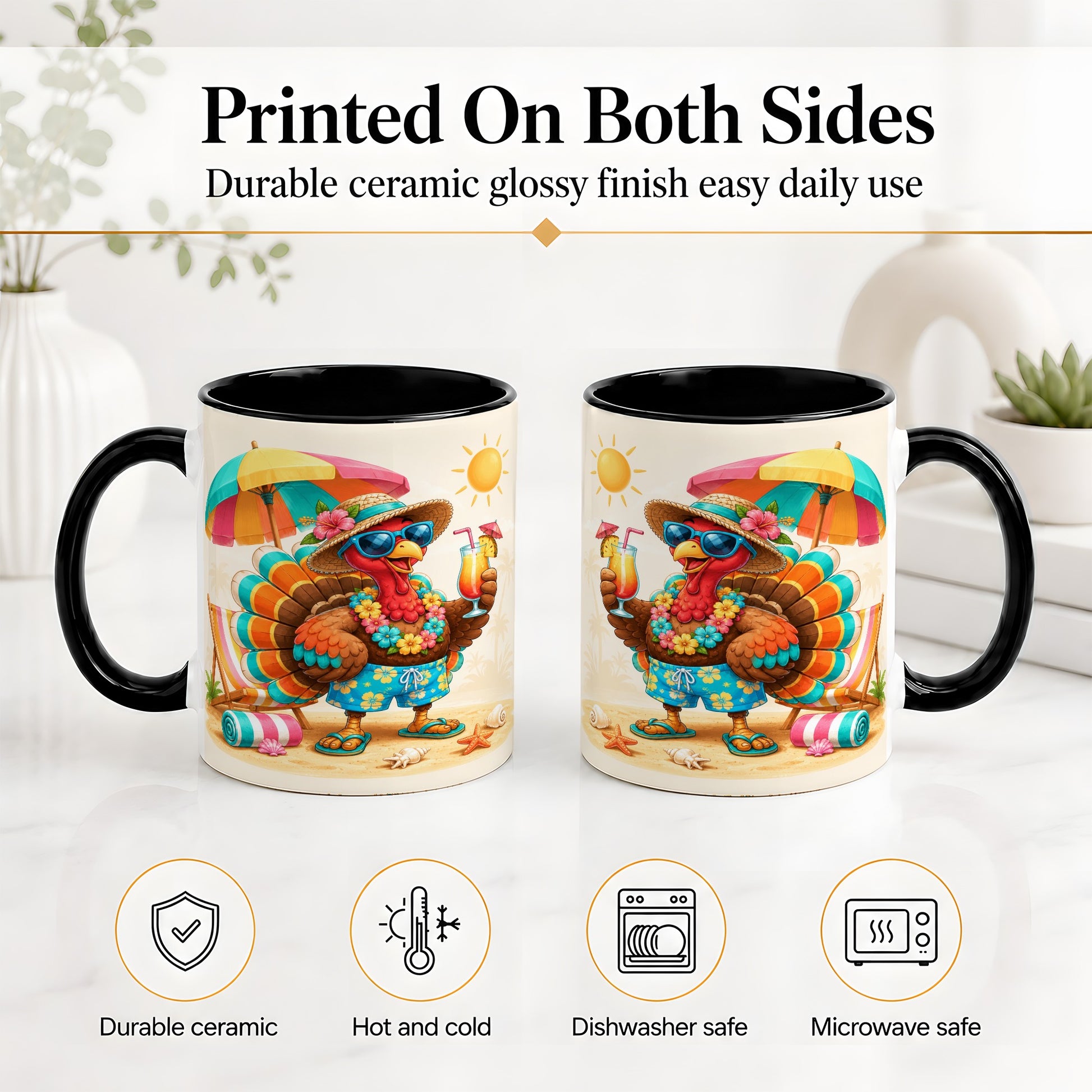 #pl[11oz|Black] Tropical Turkey Accent Mug, Mug with Colorful Beach Vacation Art