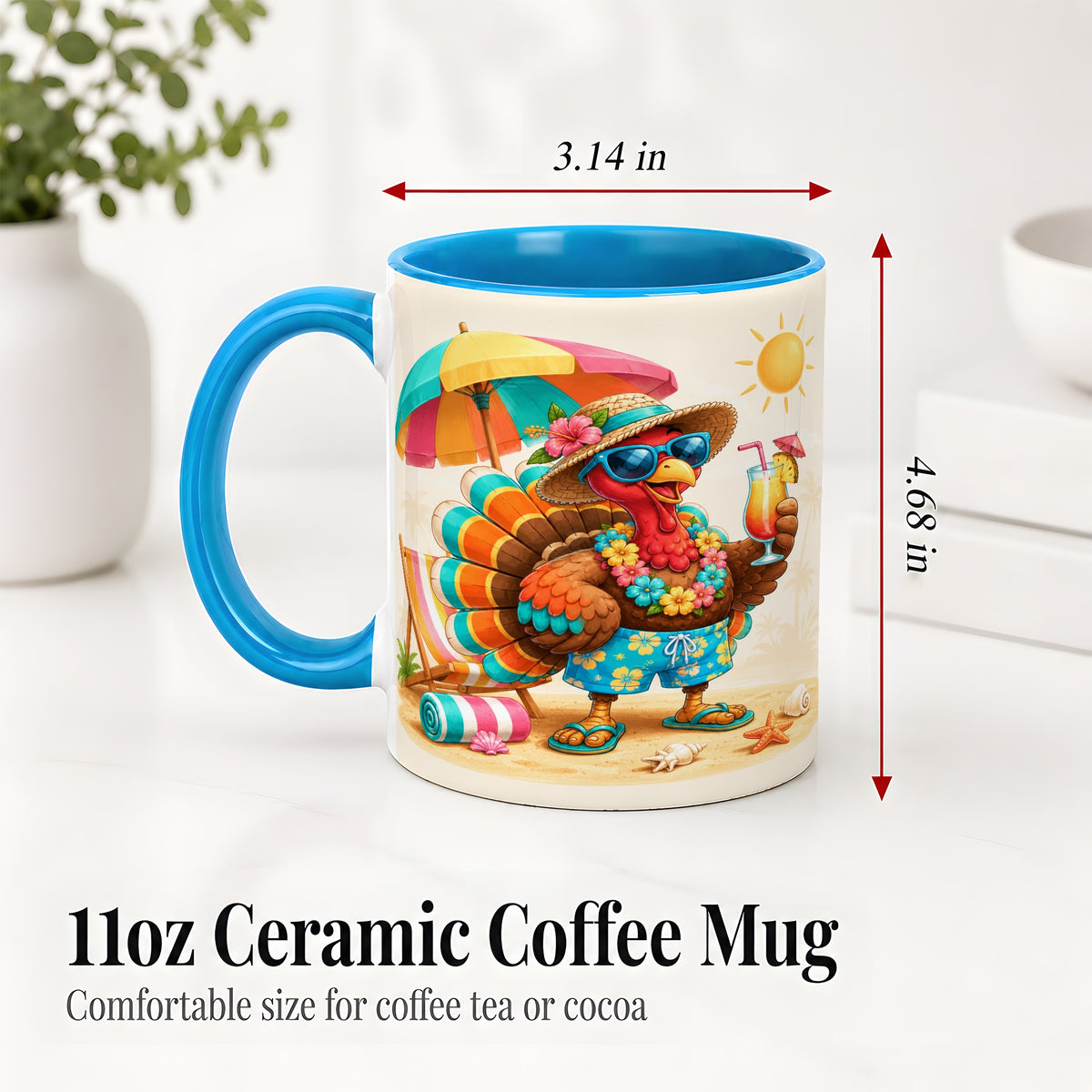 #pl[11oz|Blue] Tropical Turkey Accent Mug, Mug with Colorful Beach Vacation Art