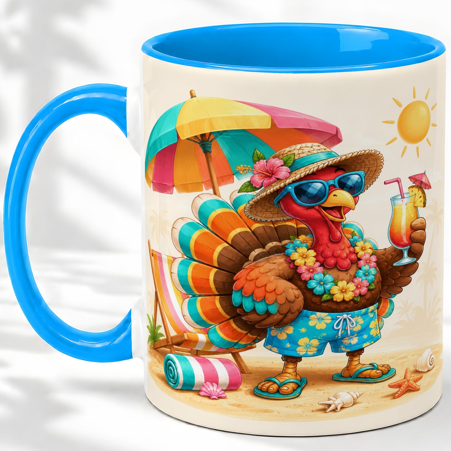 #pl[11oz|Blue] Tropical Turkey Accent Mug, Mug with Colorful Beach Vacation Art