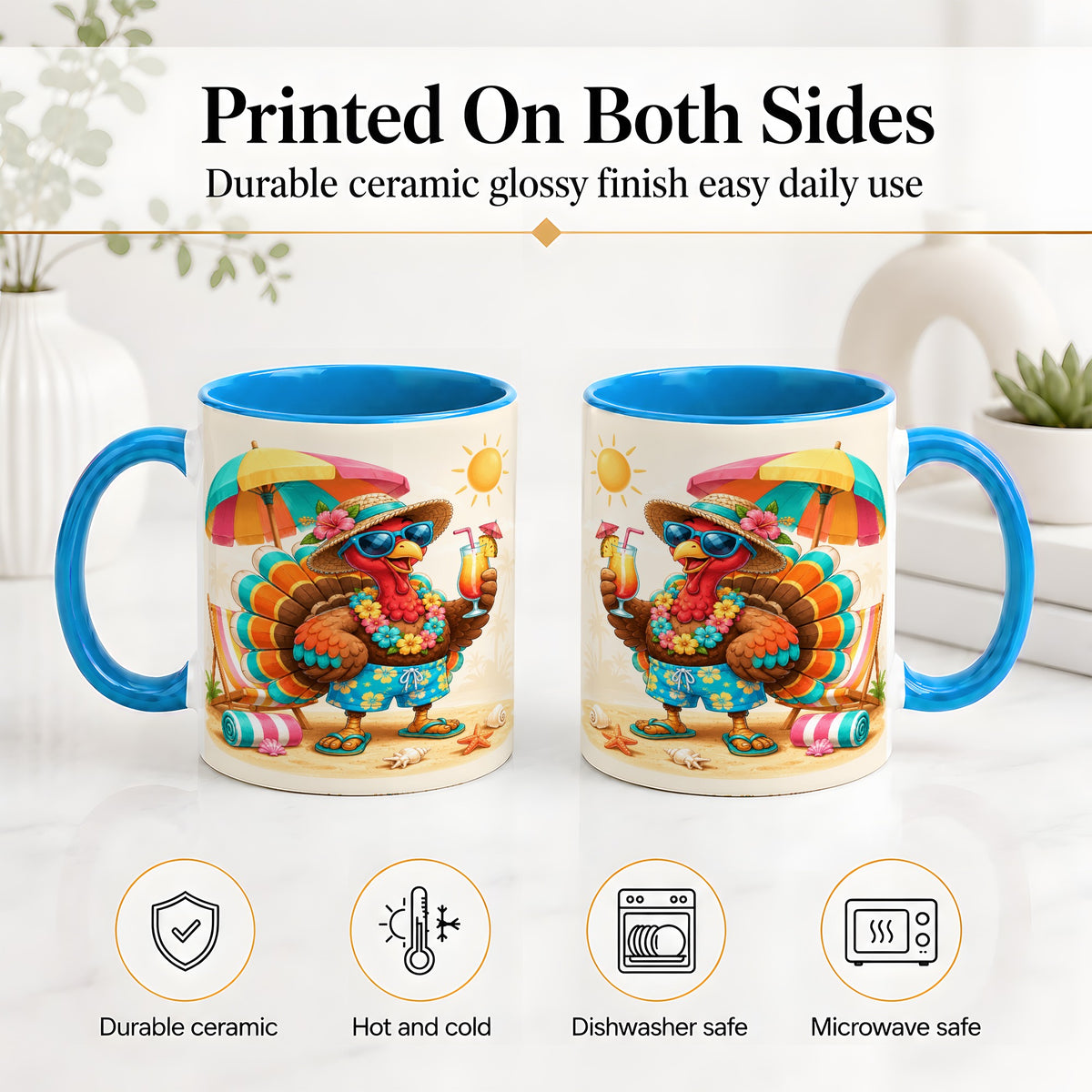 #pl[11oz|Blue] Tropical Turkey Accent Mug, Mug with Colorful Beach Vacation Art