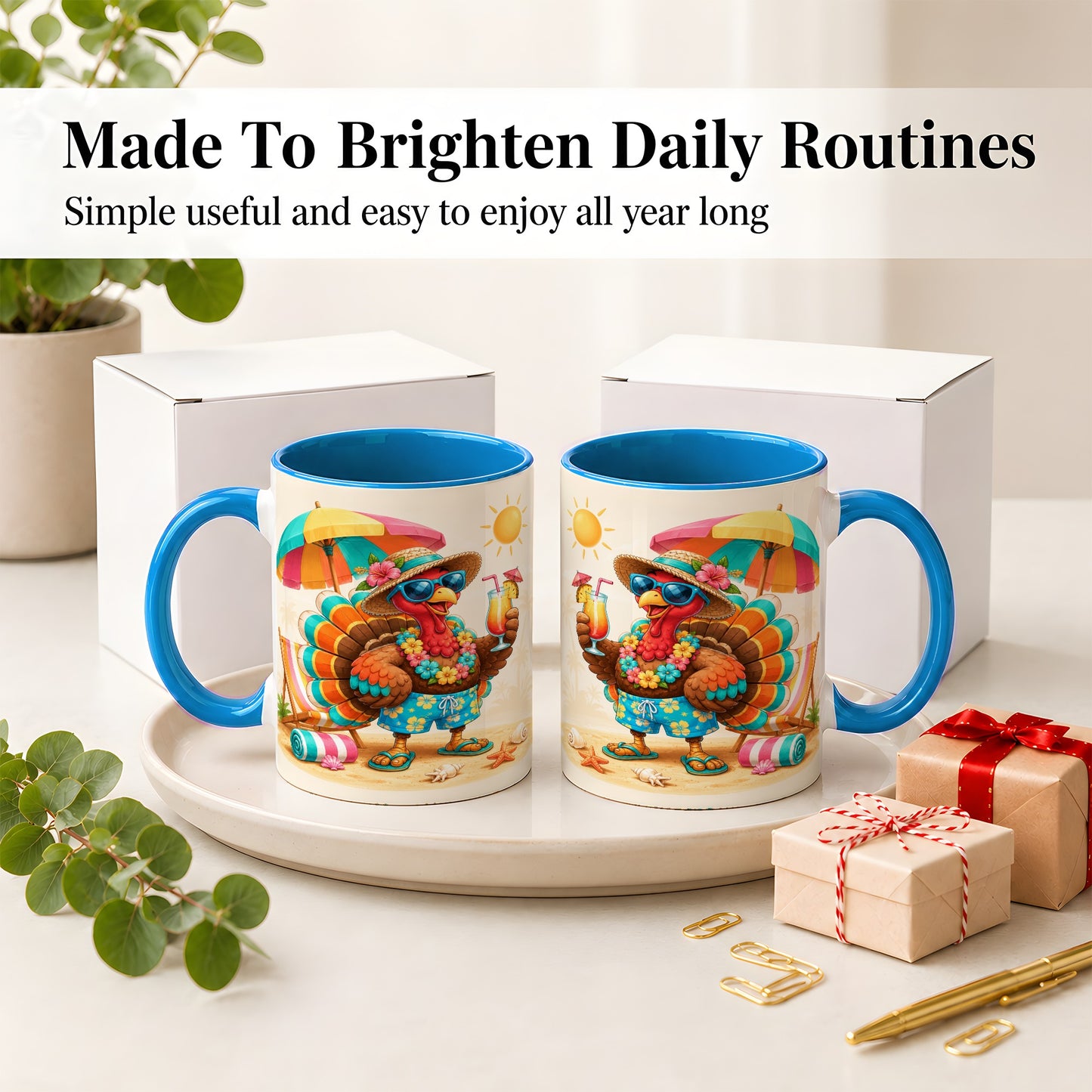 #pl[11oz|Blue] Tropical Turkey Accent Mug, Mug with Colorful Beach Vacation Art