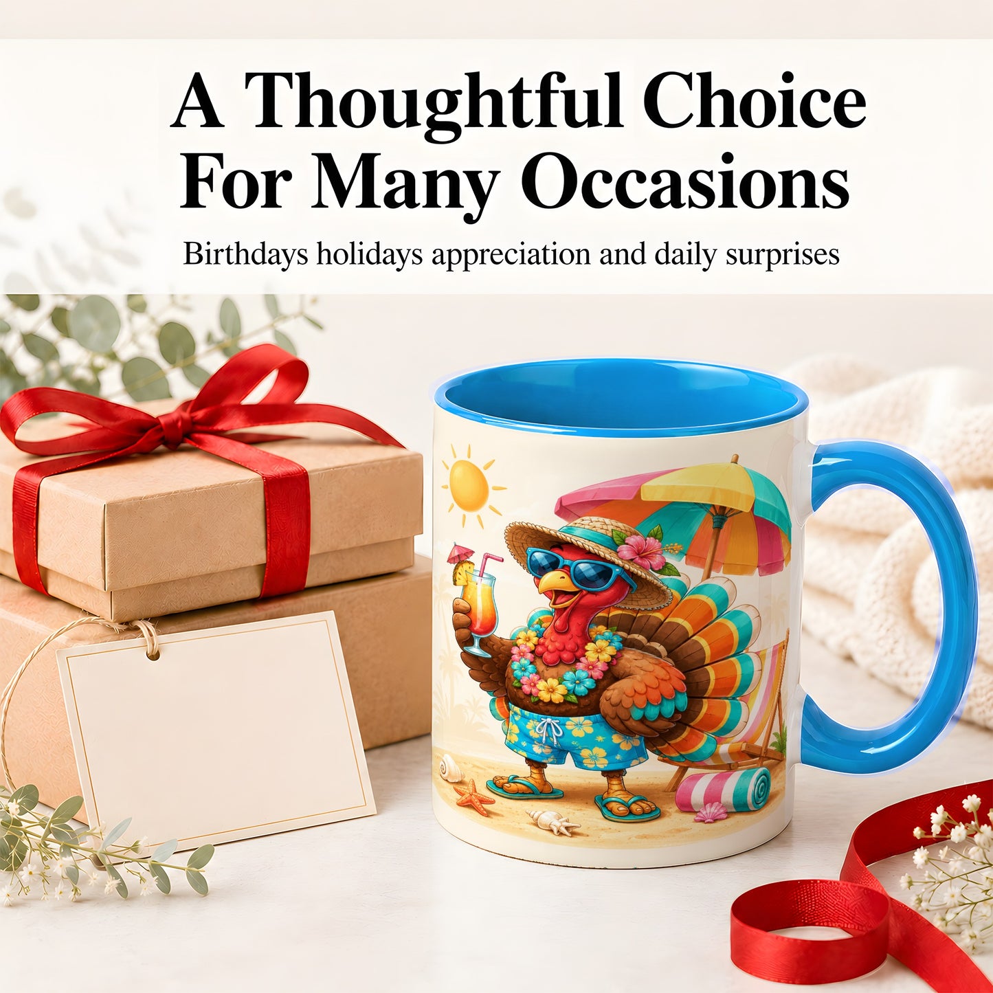 #pl[11oz|Blue] Tropical Turkey Accent Mug, Mug with Colorful Beach Vacation Art