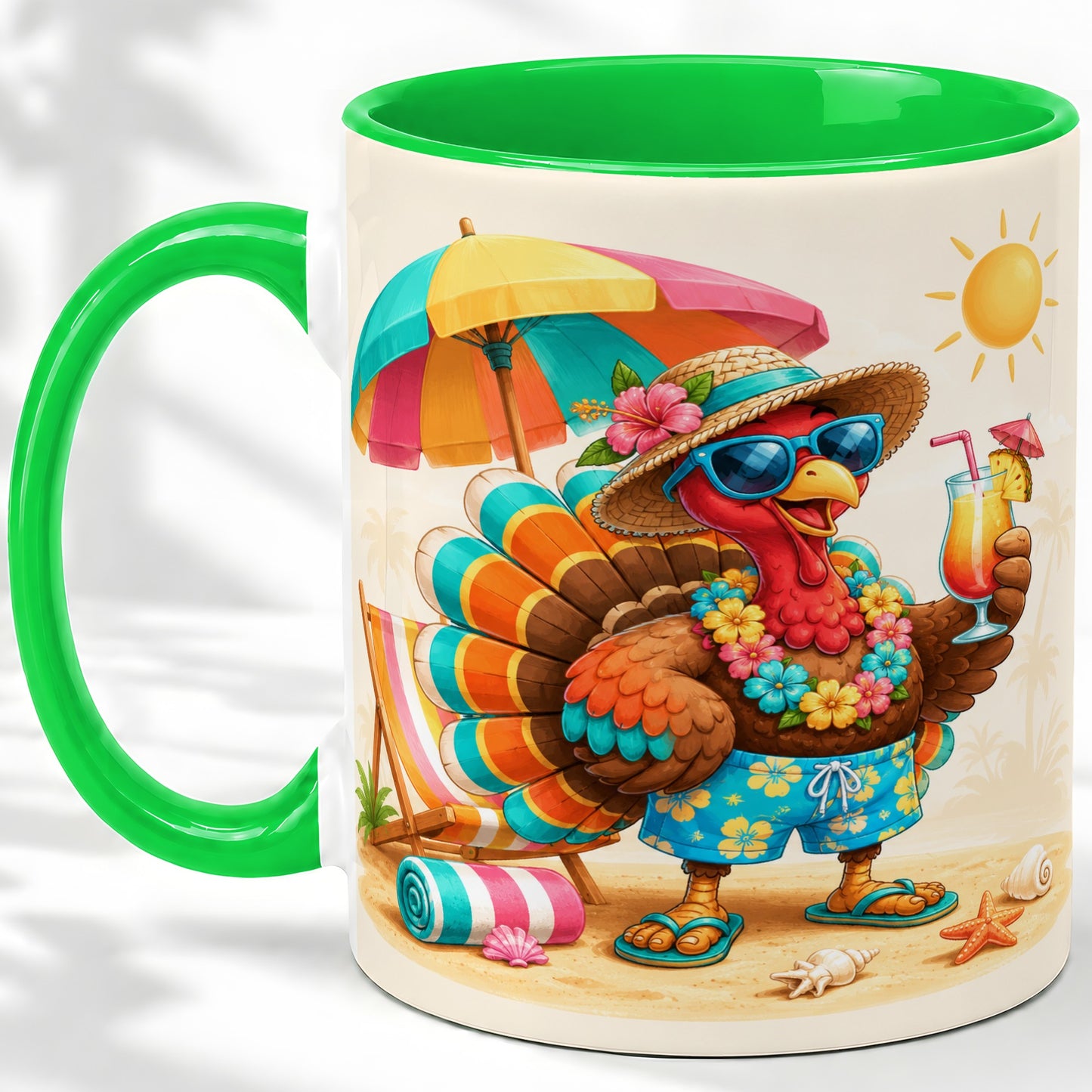 #pl[11oz|Green] Tropical Turkey Accent Mug, Mug with Colorful Beach Vacation Art