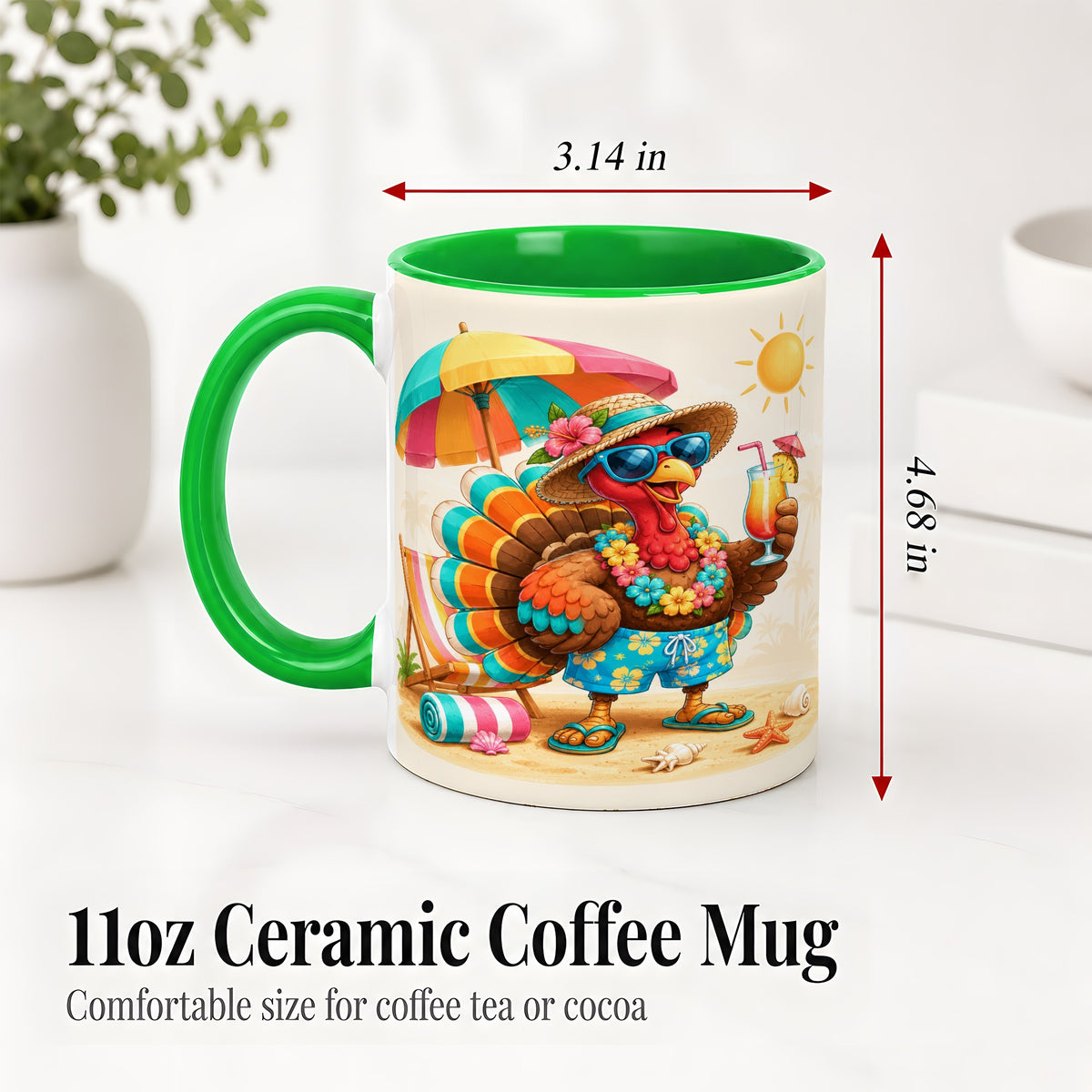 #pl[11oz|Green] Tropical Turkey Accent Mug, Mug with Colorful Beach Vacation Art