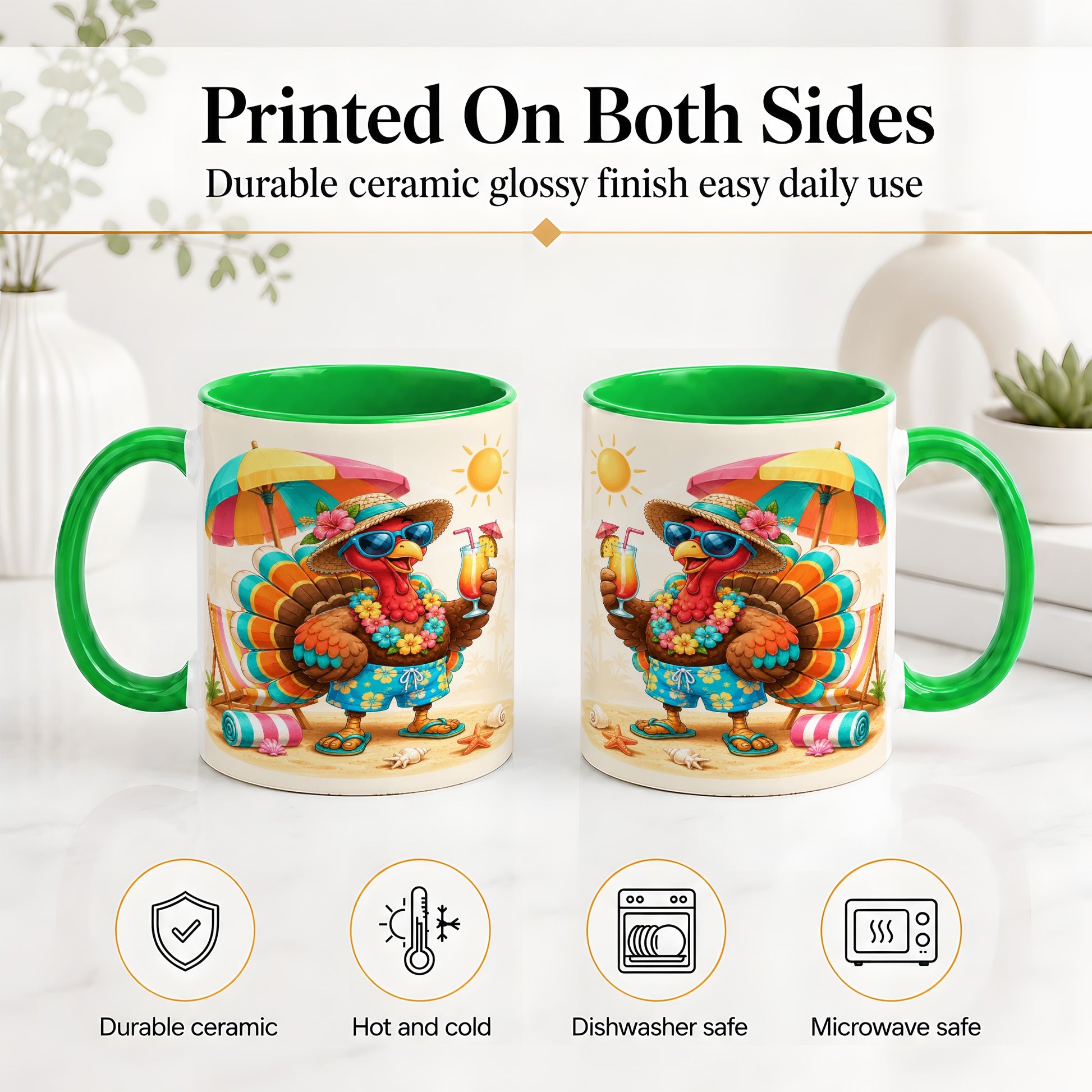 #pl[11oz|Green] Tropical Turkey Accent Mug, Mug with Colorful Beach Vacation Art