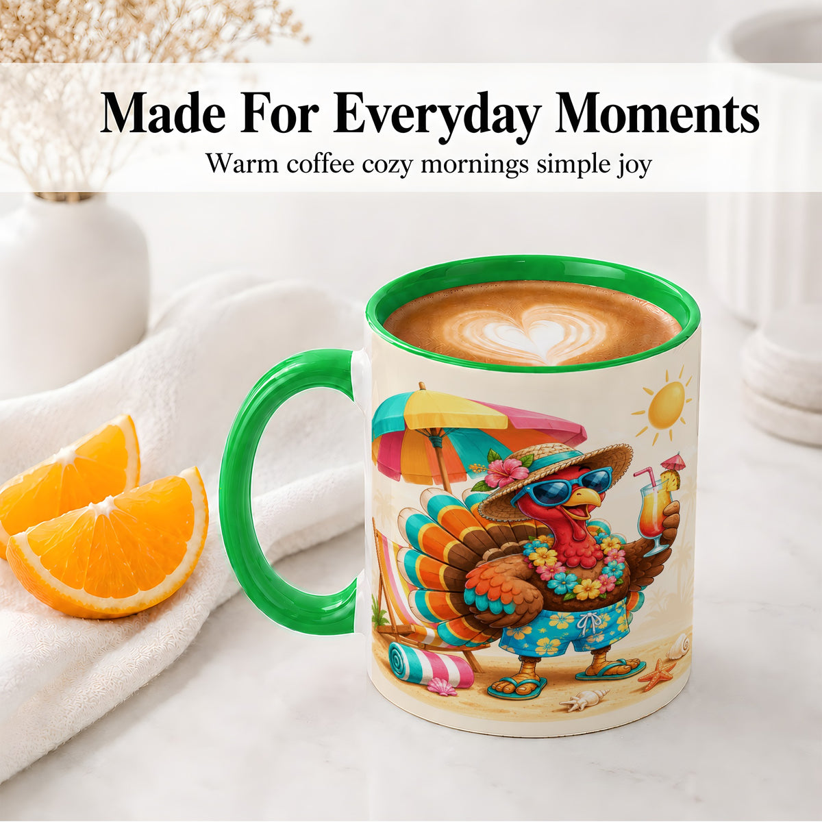 #pl[11oz|Green] Tropical Turkey Accent Mug, Mug with Colorful Beach Vacation Art