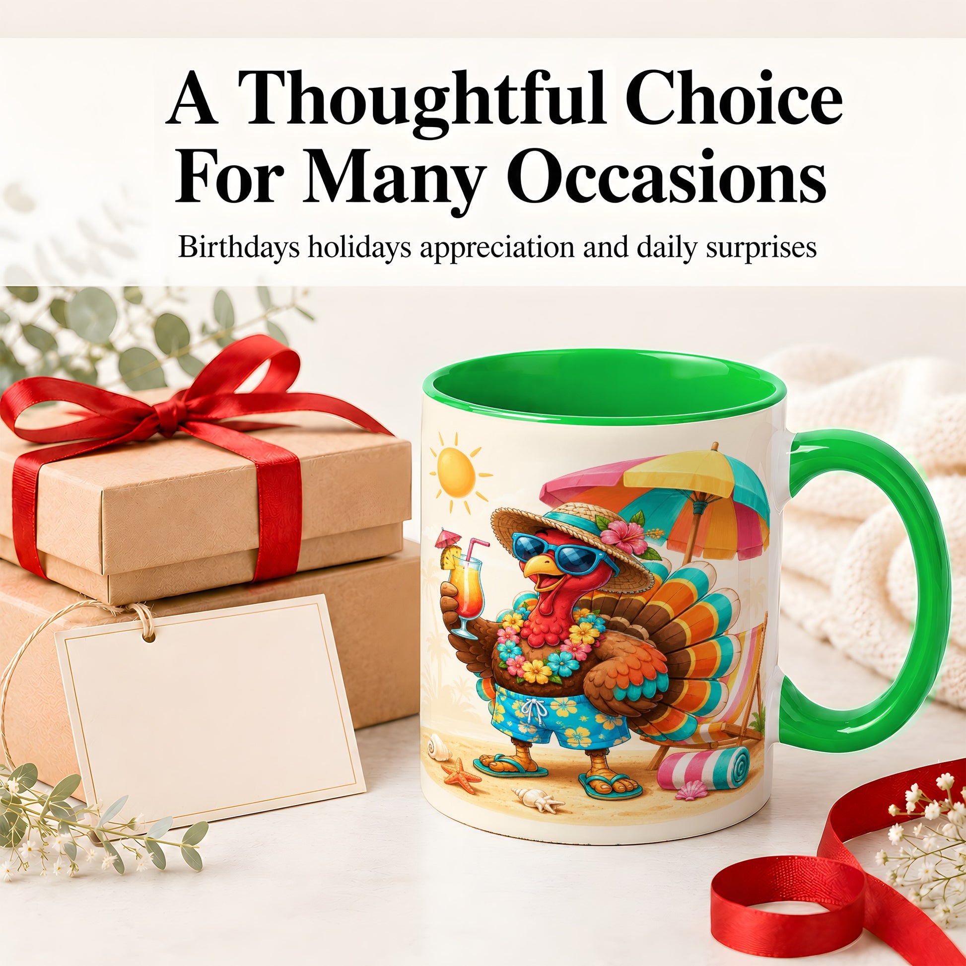 #pl[11oz|Green] Tropical Turkey Accent Mug, Mug with Colorful Beach Vacation Art