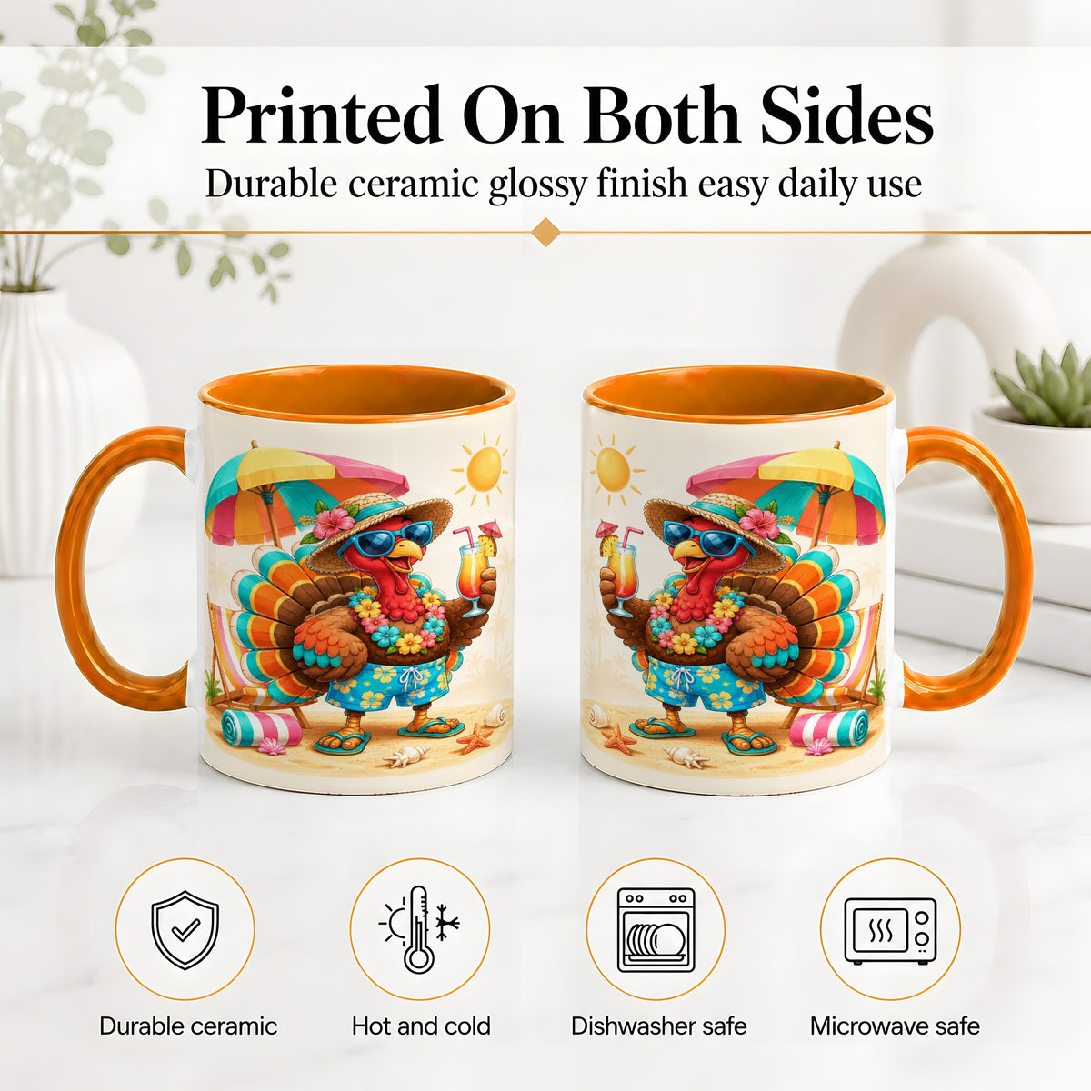 #pl[11oz|Orange] Tropical Turkey Accent Mug, Mug with Colorful Beach Vacation Art