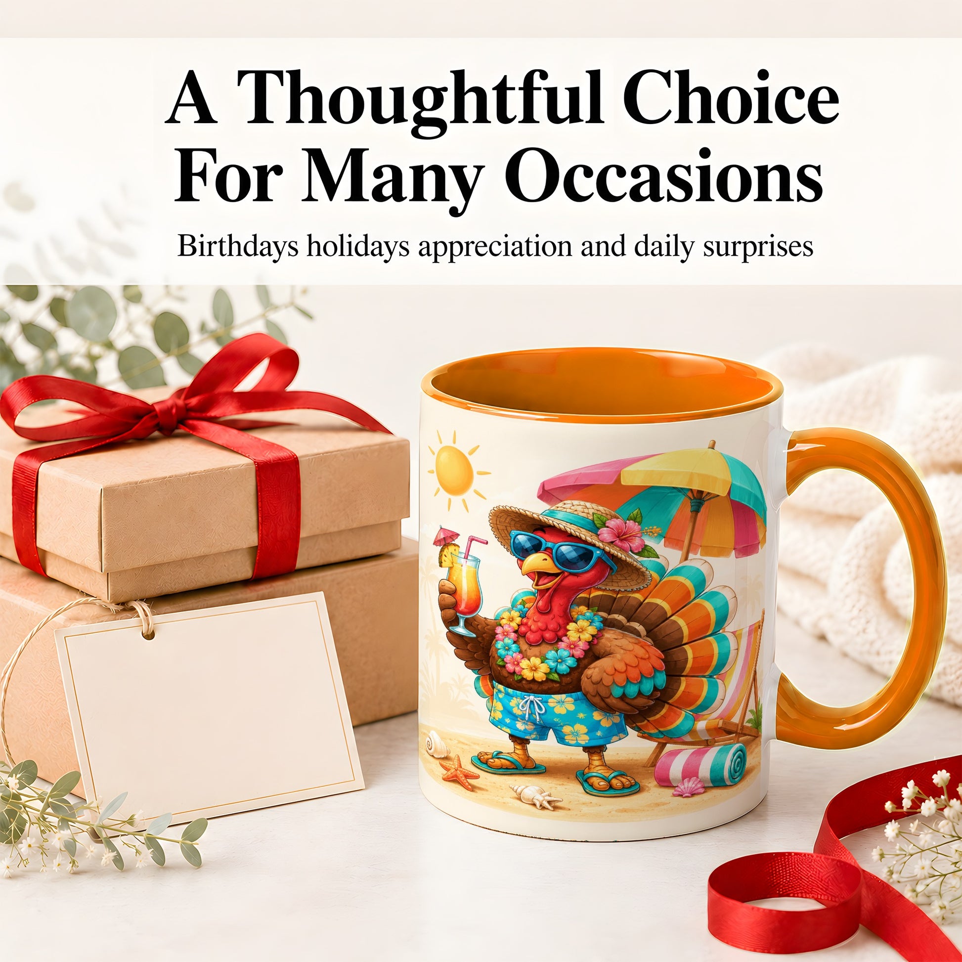 #pl[11oz|Orange] Tropical Turkey Accent Mug, Mug with Colorful Beach Vacation Art