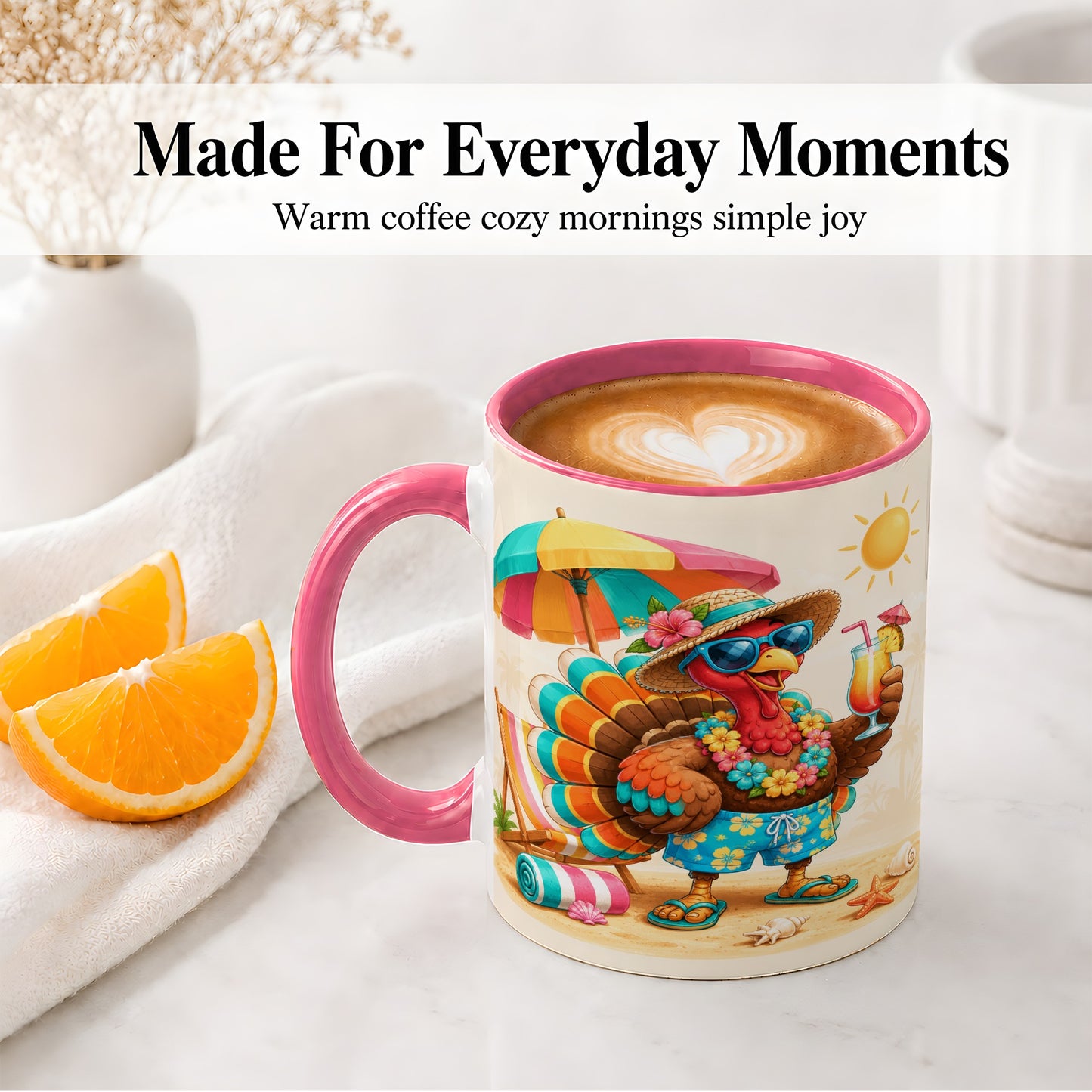 #pl[11oz|Pink] Tropical Turkey Accent Mug, Mug with Colorful Beach Vacation Art