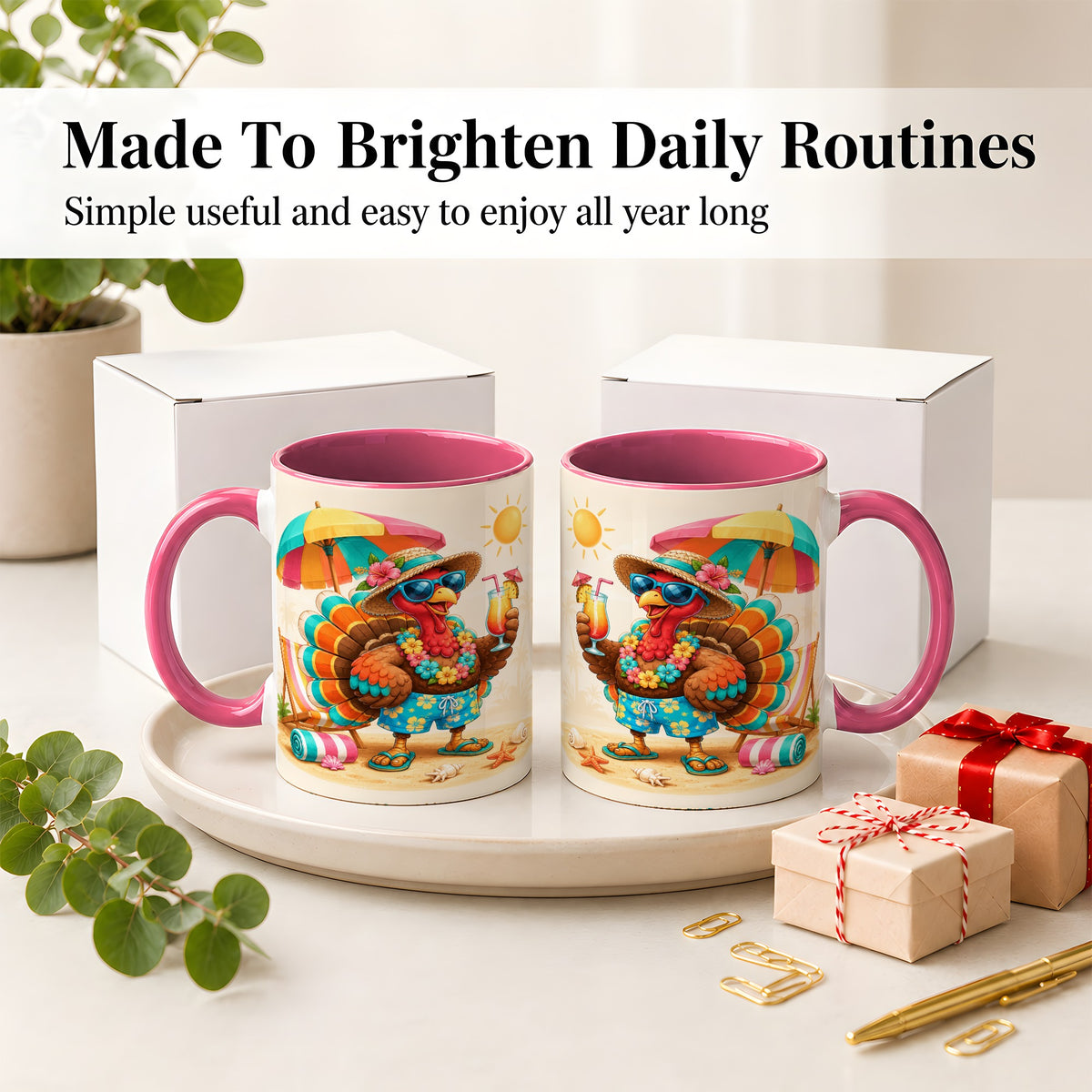 #pl[11oz|Pink] Tropical Turkey Accent Mug, Mug with Colorful Beach Vacation Art