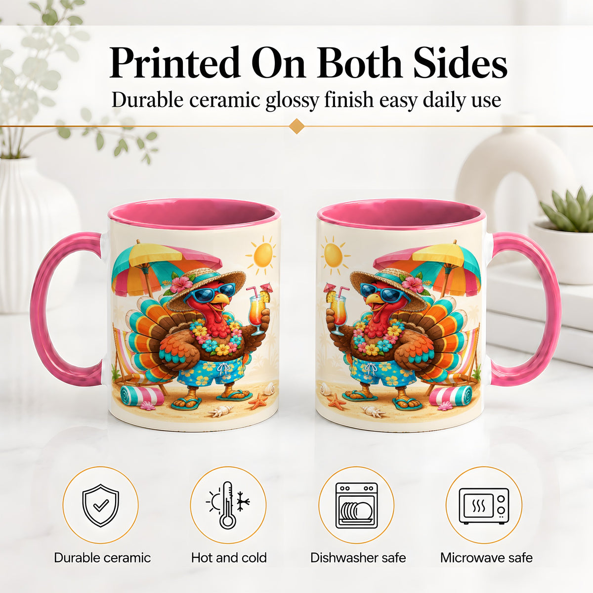 #pl[11oz|Pink] Tropical Turkey Accent Mug, Mug with Colorful Beach Vacation Art