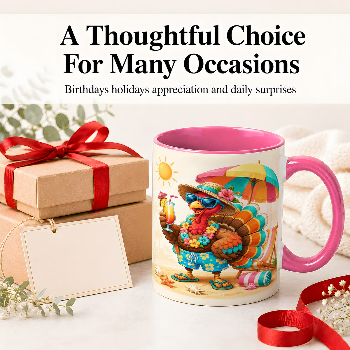 #pl[11oz|Pink] Tropical Turkey Accent Mug, Mug with Colorful Beach Vacation Art