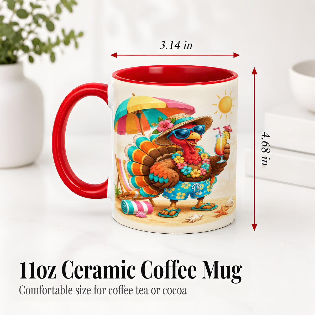 #pl[11oz|Red] Tropical Turkey Accent Mug, Mug with Colorful Beach Vacation Art