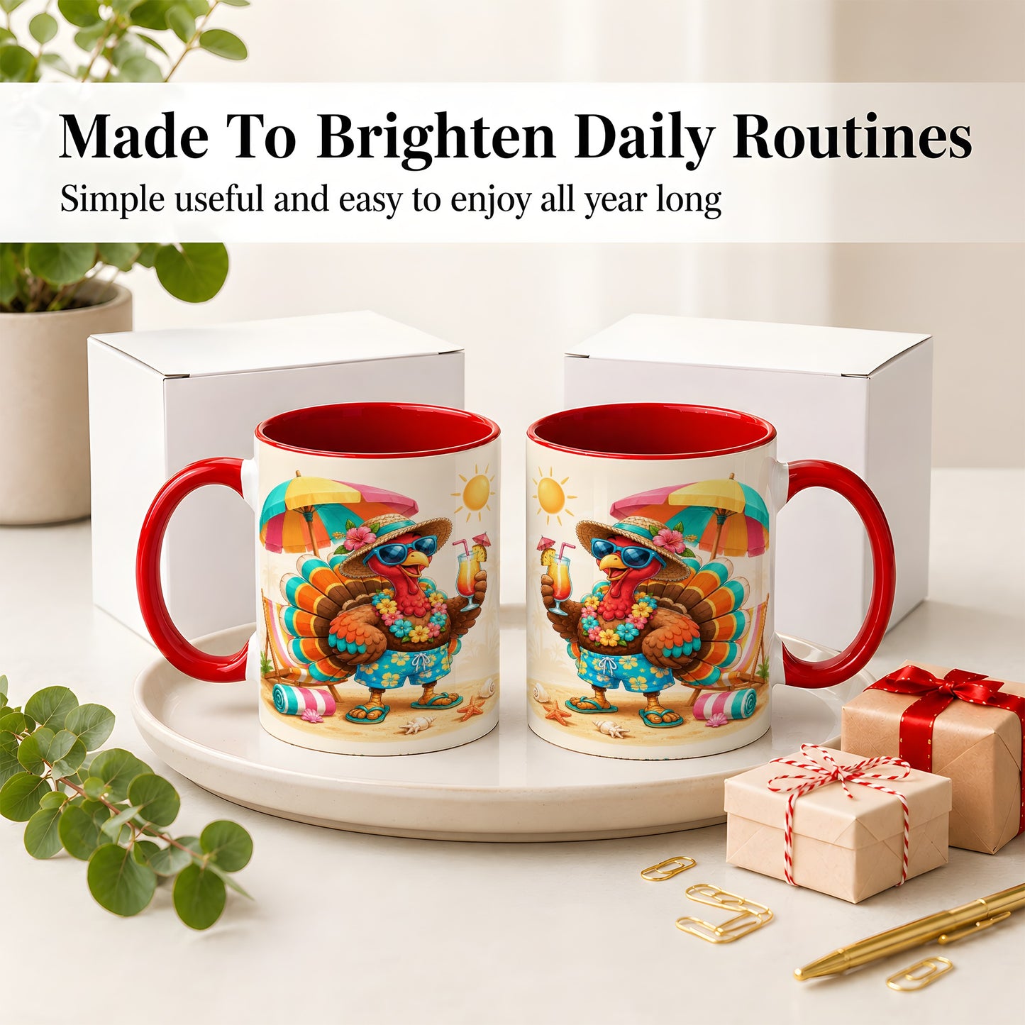 #pl[11oz|Red] Tropical Turkey Accent Mug, Mug with Colorful Beach Vacation Art