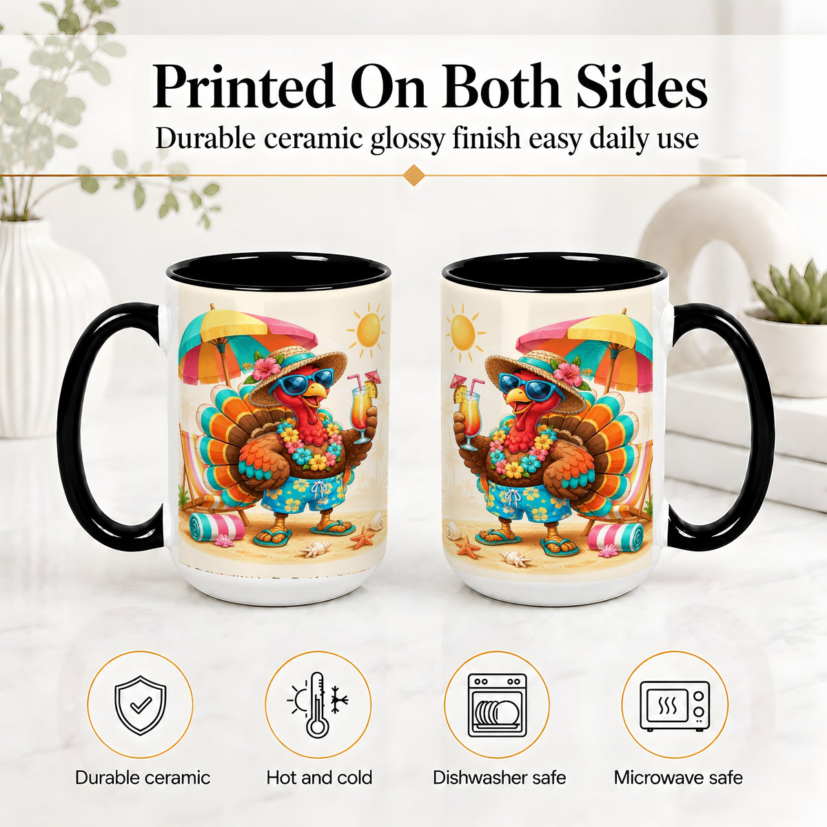 #pl[15oz|Black] Tropical Turkey Accent Mug, Mug with Colorful Beach Vacation Art