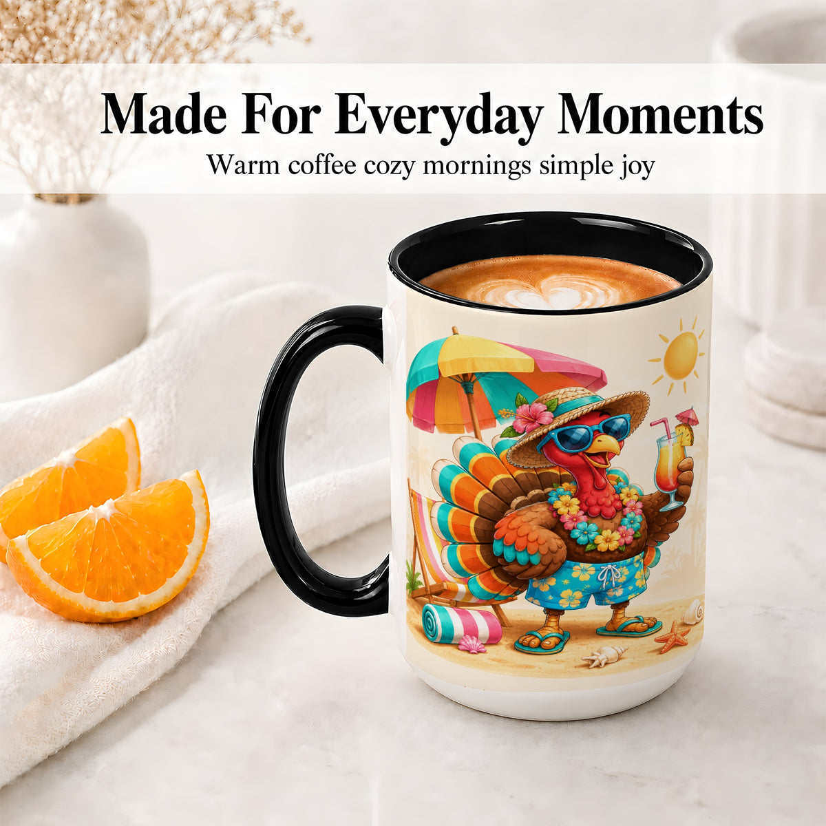 #pl[15oz|Black] Tropical Turkey Accent Mug, Mug with Colorful Beach Vacation Art