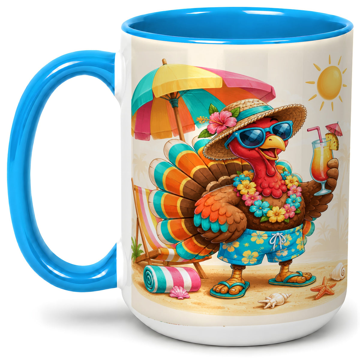 #pl[15oz|Blue] Tropical Turkey Accent Mug, Mug with Colorful Beach Vacation Art