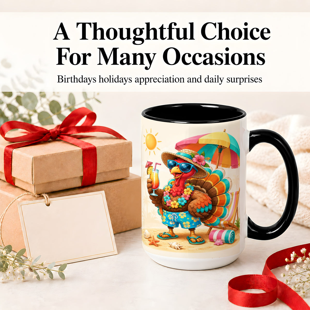 #pl[15oz|Black] Tropical Turkey Accent Mug, Mug with Colorful Beach Vacation Art