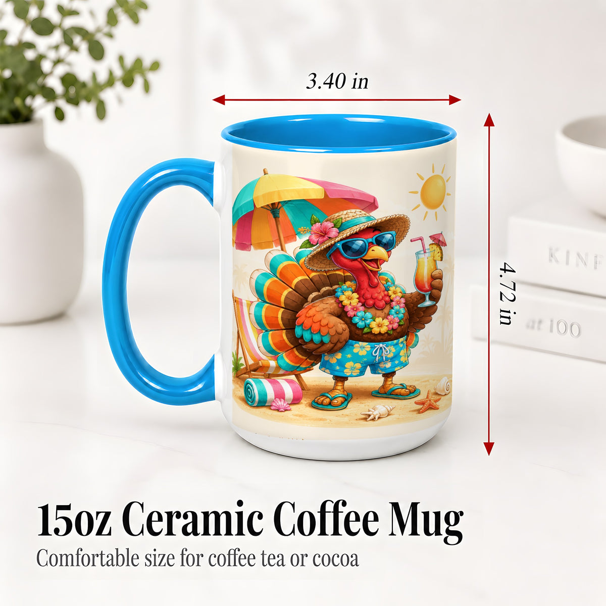 #pl[15oz|Blue] Tropical Turkey Accent Mug, Mug with Colorful Beach Vacation Art