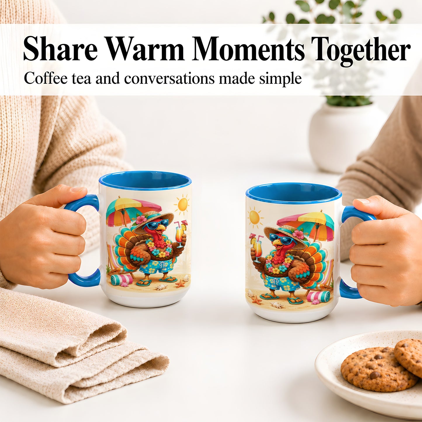 #pl[15oz|Blue] Tropical Turkey Accent Mug, Mug with Colorful Beach Vacation Art