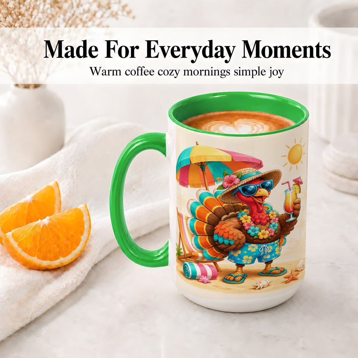 #pl[15oz|Green] Tropical Turkey Accent Mug, Mug with Colorful Beach Vacation Art
