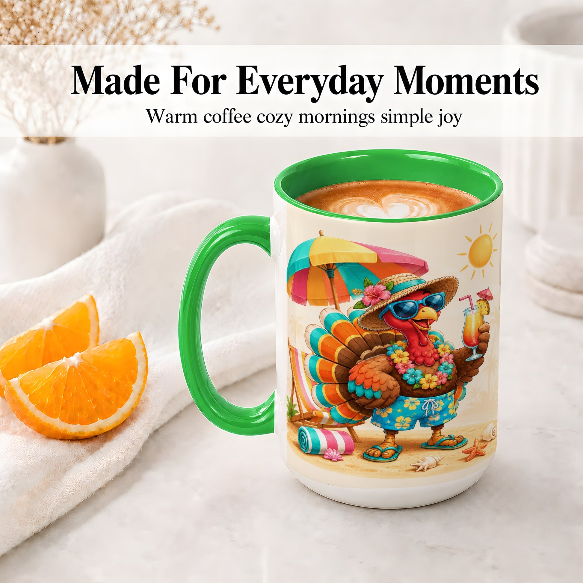 #pl[15oz|Green] Tropical Turkey Accent Mug, Mug with Colorful Beach Vacation Art