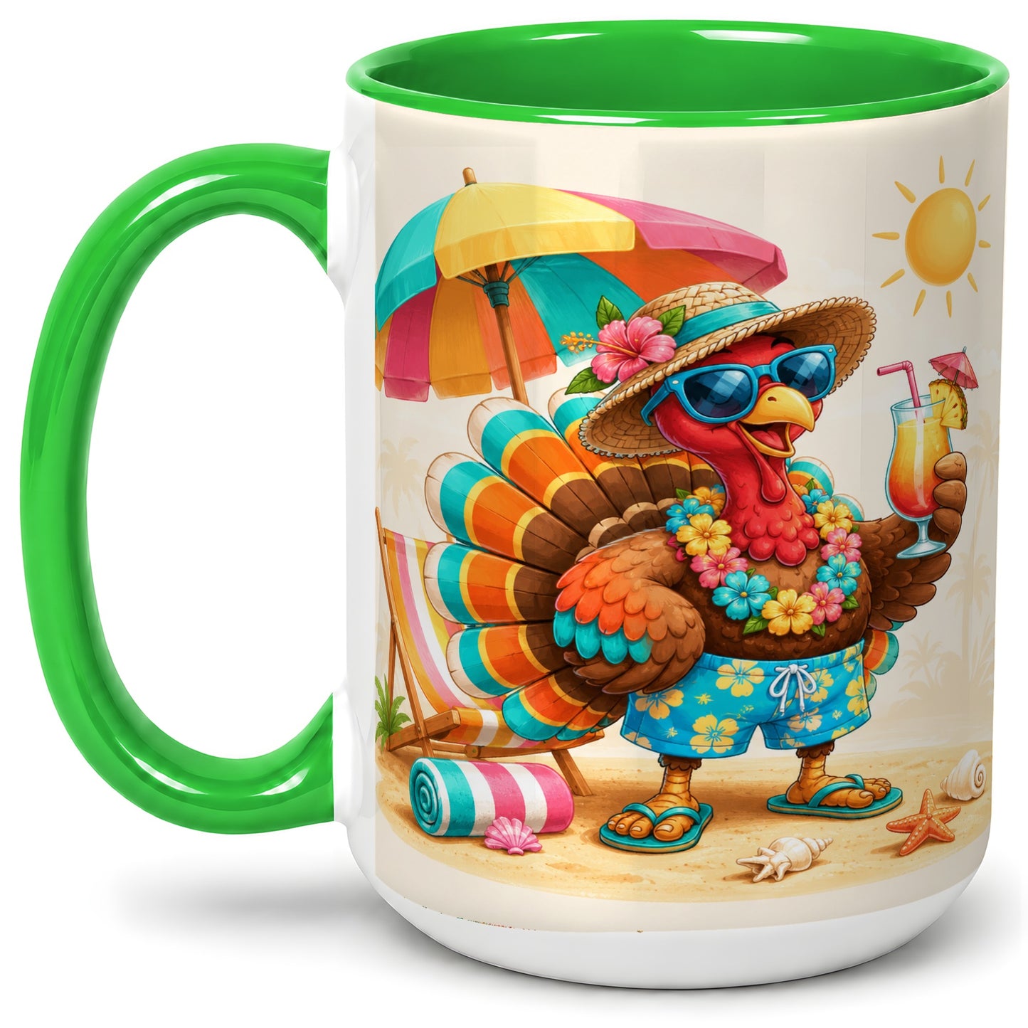 #pl[15oz|Green] Tropical Turkey Accent Mug, Mug with Colorful Beach Vacation Art