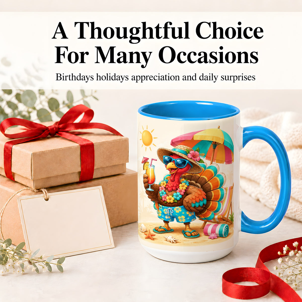 #pl[15oz|Blue] Tropical Turkey Accent Mug, Mug with Colorful Beach Vacation Art