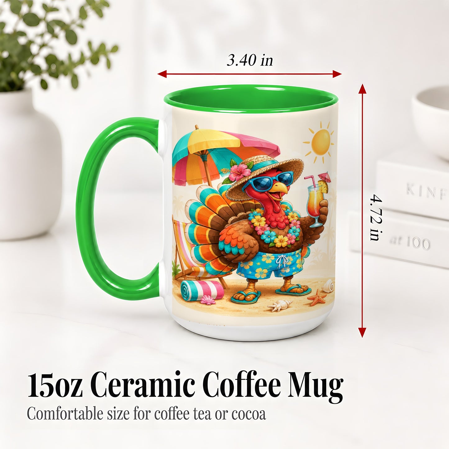 #pl[15oz|Green] Tropical Turkey Accent Mug, Mug with Colorful Beach Vacation Art