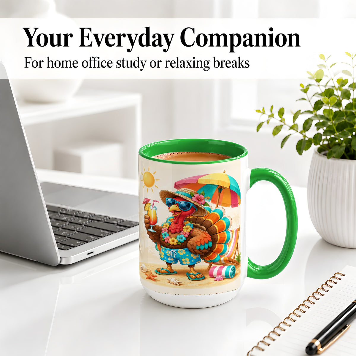 #pl[15oz|Green] Tropical Turkey Accent Mug, Mug with Colorful Beach Vacation Art