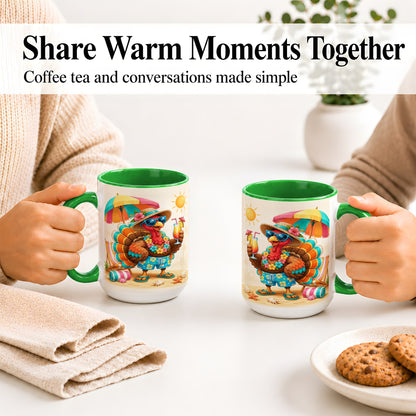 #pl[15oz|Green] Tropical Turkey Accent Mug, Mug with Colorful Beach Vacation Art