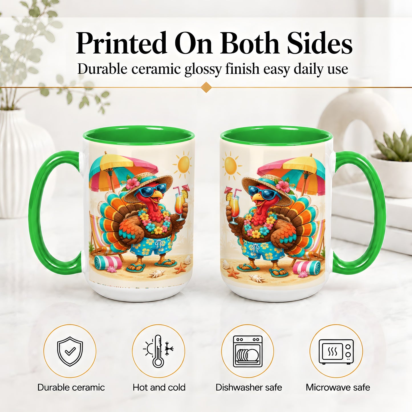#pl[15oz|Green] Tropical Turkey Accent Mug, Mug with Colorful Beach Vacation Art