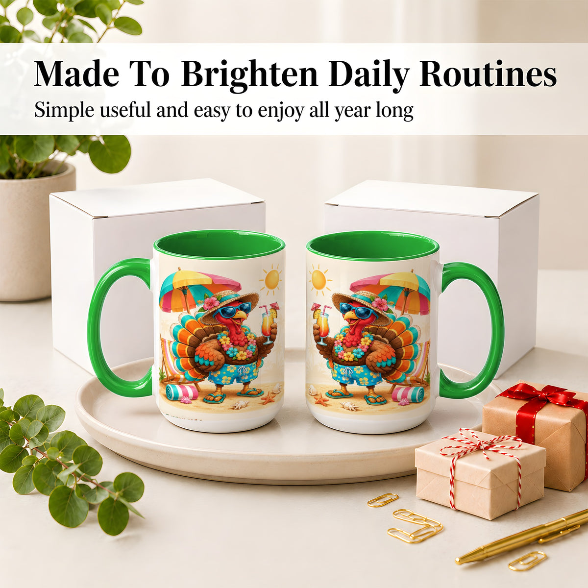 #pl[15oz|Green] Tropical Turkey Accent Mug, Mug with Colorful Beach Vacation Art
