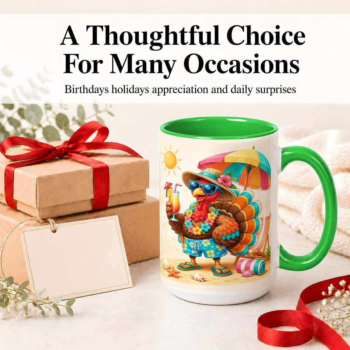 #pl[15oz|Green] Tropical Turkey Accent Mug, Mug with Colorful Beach Vacation Art