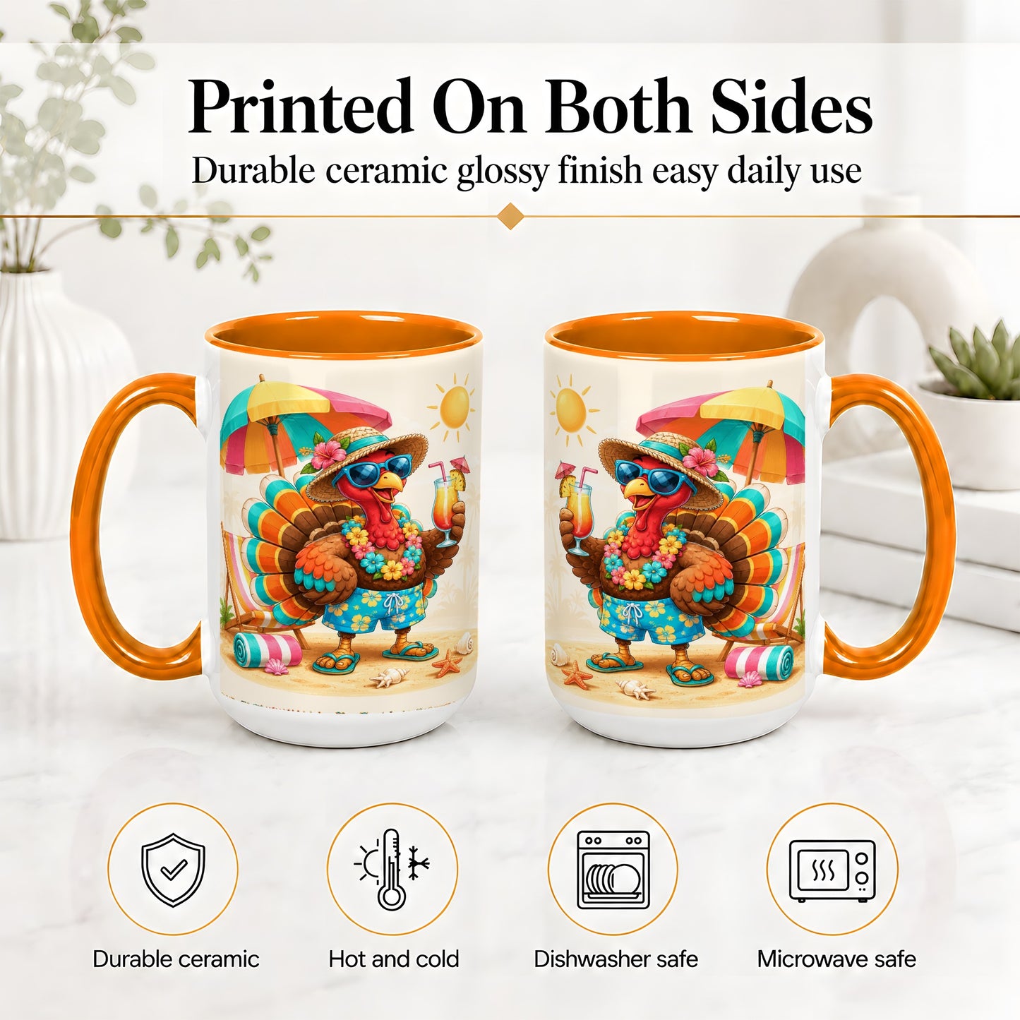 #pl[15oz|Orange] Tropical Turkey Accent Mug, Mug with Colorful Beach Vacation Art