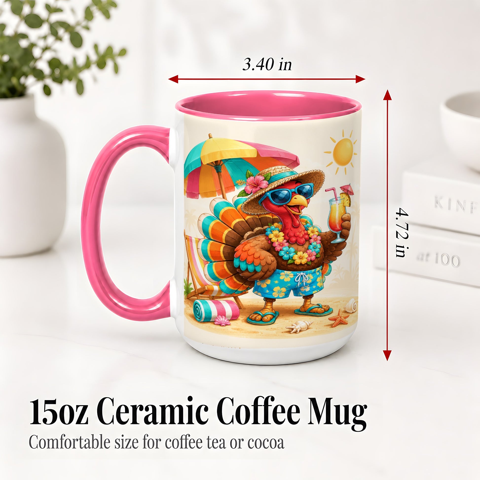 #pl[15oz|Pink] Tropical Turkey Accent Mug, Mug with Colorful Beach Vacation Art