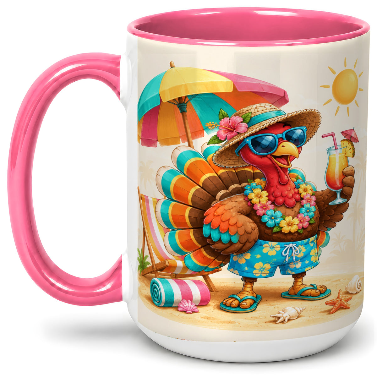 #pl[15oz|Pink] Tropical Turkey Accent Mug, Mug with Colorful Beach Vacation Art