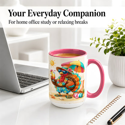 #pl[15oz|Pink] Tropical Turkey Accent Mug, Mug with Colorful Beach Vacation Art