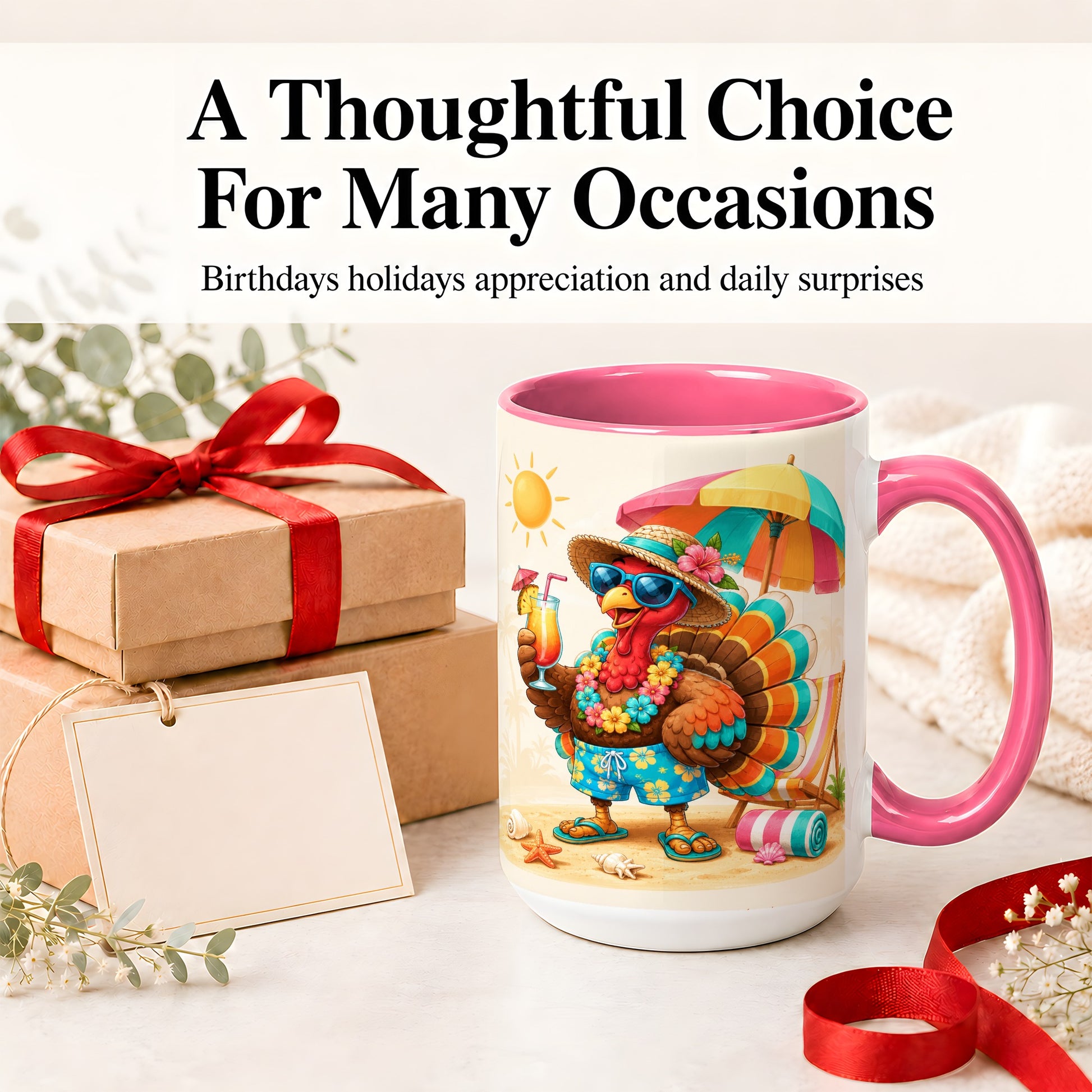 #pl[15oz|Pink] Tropical Turkey Accent Mug, Mug with Colorful Beach Vacation Art