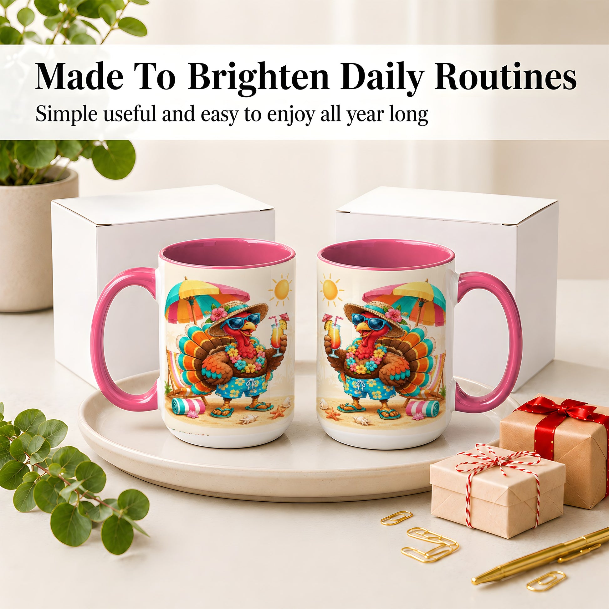 #pl[15oz|Pink] Tropical Turkey Accent Mug, Mug with Colorful Beach Vacation Art